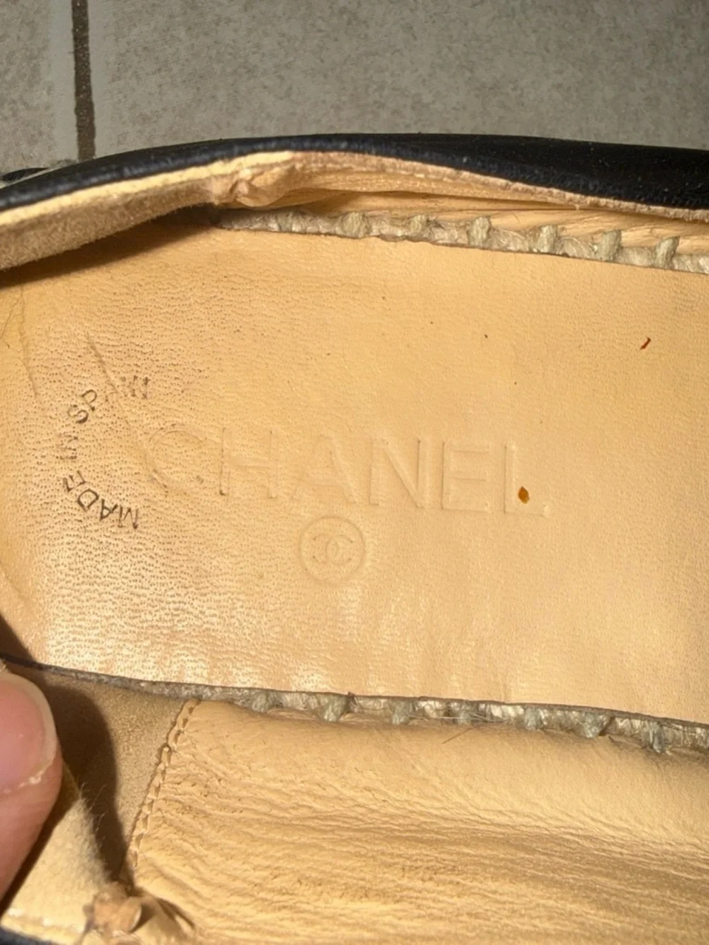CHANEL Black Leather Espadrille Slip-Ons with Interlocking CC